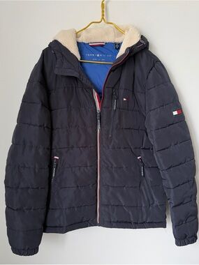 Tommy Hilfiger Navy Quilted Water Resistant Puffer Jacket Sherpa Hood Mens Small